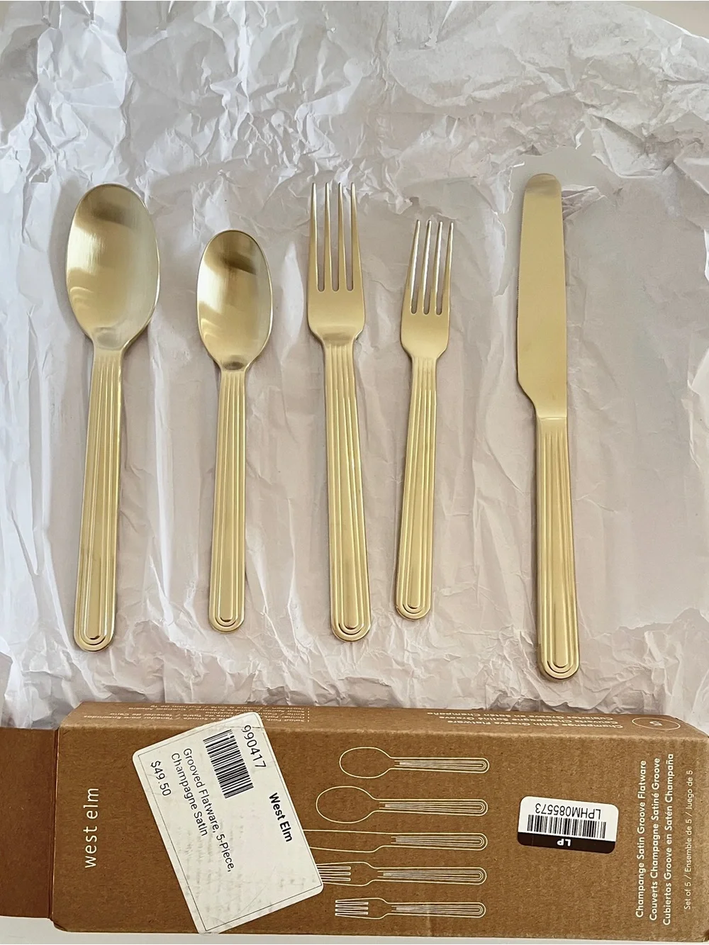New West Elm Grooved Satin Flatware Champagne Utensils Set of 20 MSRP$196